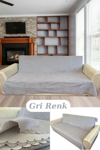 Uytm Kadife Polar Süngerli Çizgili Gri Tekli Koltuk Örtüsü 175x210 cm