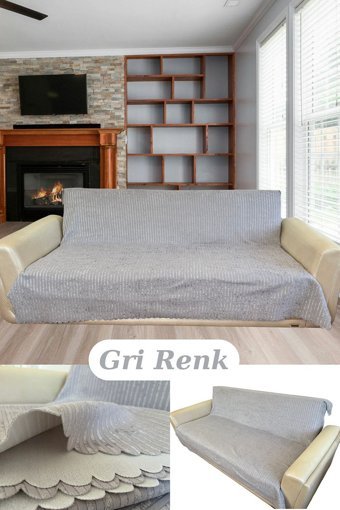 Uytm Kadife Polar Süngerli Çizgili Gri Tekli Koltuk Örtüsü 175x210 cm