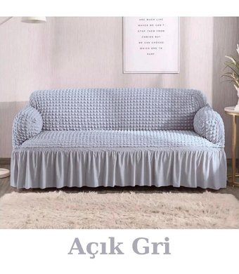 Furkanticaret Polyester Bürümcük Fırfırlı Süngersiz Kapitone Giydirmeli Gri Üçlü Koltuk Örtüsü 180x230 cm