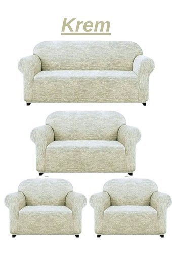 Uytm Likralı Jakarlı Süngerli Çizgili Giydirmeli Bej Dörtlü Koltuk Örtüsü 180x230 cm