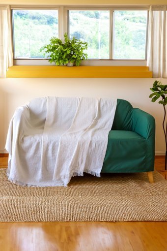 Xamantha Pamuklu Polar Saçaklı Süngersiz Çizgili Beyaz Tekli Koltuk Örtüsü 175x210 cm
