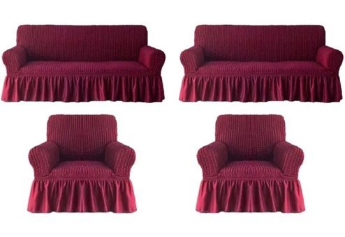 Ak Lale Polyester Bürümcük Fırfırlı Süngersiz Petek Desenli Giydirmeli Lastikli Bordo Dörtlü Koltuk Örtüsü 200x250 cm