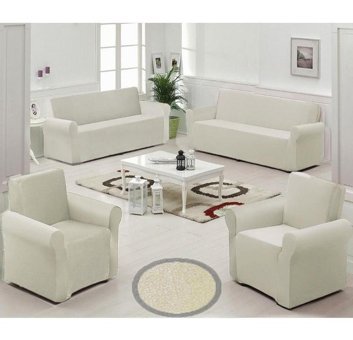 Uygar Home Pamuklu - Polyester Likralı Süngerli Düz Giydirmeli Bej Dörtlü Koltuk Örtüsü