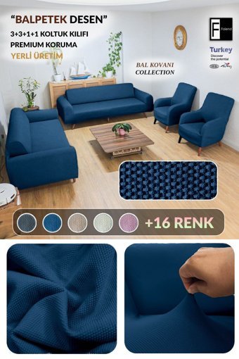 Faiend Polyester Süngersiz Düz Giydirmeli Lacivert 3-3-1-1 Koltuk Örtüsü 80x125 cm