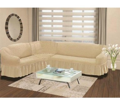 Karna Home Pamuklu Bürümcük Fırfırlı Süngersiz Kareli Giydirmeli Bej Tekli Koltuk Örtüsü 210x240 cm