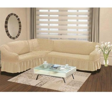 Karna Home Pamuklu Bürümcük Fırfırlı Süngersiz Kareli Giydirmeli Bej Tekli Koltuk Örtüsü 210x240 cm