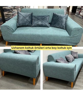 Uzhanem Likralı Jakarlı Süngerli Çizgili Giydirmeli Yeşil Tekli Koltuk Örtüsü 150x180 cm