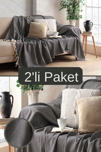 Miracolo Home Pamuklu Püsküllü Süngersiz Çizgili Siyah İkili Koltuk Örtüsü 170x230 cm