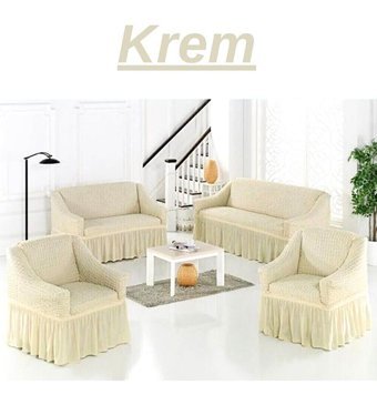 Kanway Polyester Bürümcük Fırfırlı Süngersiz Kapitone Giydirmeli Krem 3-3-1-1 Koltuk Örtüsü 180x230 cm