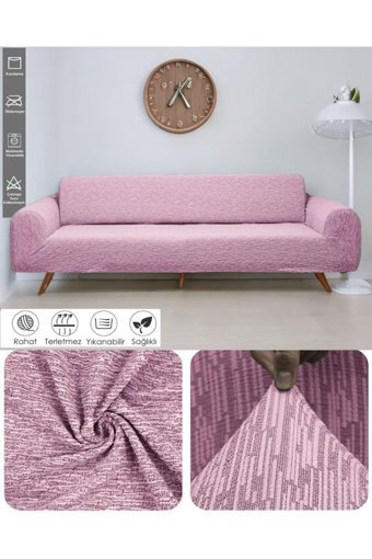 Seltenet Likralı Jakarlı Süngersiz Çizgili Giydirmeli Su Geçirmez Pembe Tekli Koltuk Örtüsü 180x230 cm