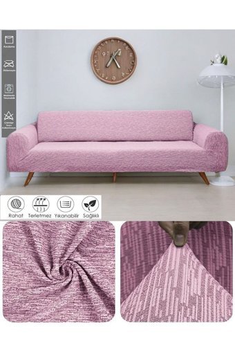 Seltenet Likralı Jakarlı Süngersiz Çizgili Giydirmeli Su Geçirmez Pembe Tekli Koltuk Örtüsü 180x230 cm
