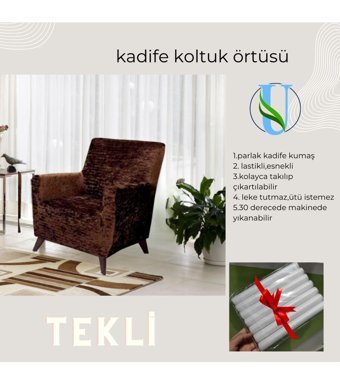 Uy Style Tekstil Kadife Süngerli Armürlü Giydirmeli Kahverengi Tekli Koltuk Örtüsü 75x115 cm