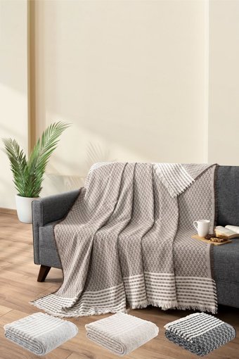 Teksnil Home Pamuklu Polar Saçaklı Süngersiz Geometrik Desenli Kahverengi Tekli Koltuk Örtüsü 170x200 cm