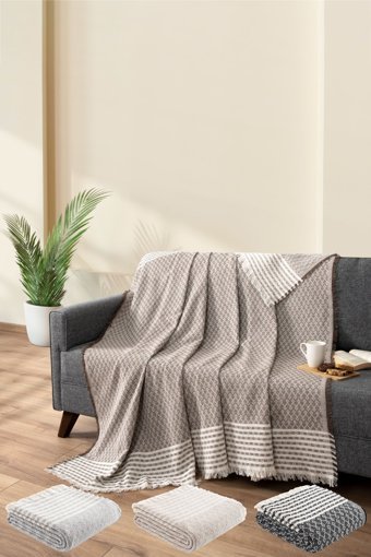 Teksnil Home Pamuklu Polar Saçaklı Süngersiz Geometrik Desenli Kahverengi Tekli Koltuk Örtüsü 170x200 cm