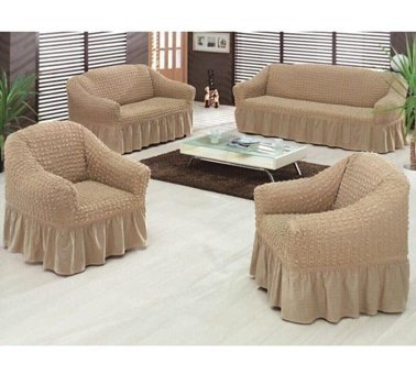 Uytm Polyester Bürümcük-Likralı Drapeli Süngerli Düz Giydirmeli Bej Dörtlü Koltuk Örtüsü 180x230 cm