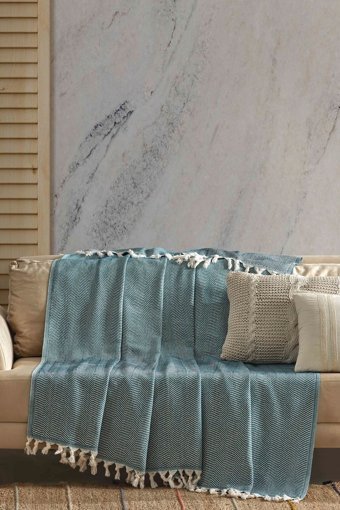 Ladynil Natural Pamuklu Saçaklı Süngersiz Çizgili Mavi Tekli Koltuk Örtüsü 180x220 cm