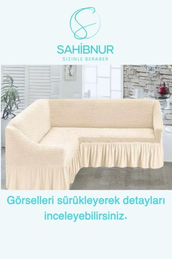 Sahibnur Pamuklu - Polyester Bürümcük Jakarlı Süngersiz Geometrik Desenli Giydirmeli Bej Tekli Koltuk Örtüsü 180x350 cm