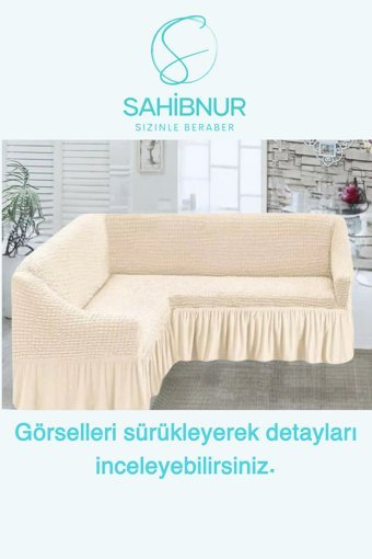 Sahibnur Pamuklu - Polyester Bürümcük Jakarlı Süngersiz Geometrik Desenli Giydirmeli Bej Tekli Koltuk Örtüsü 180x350 cm