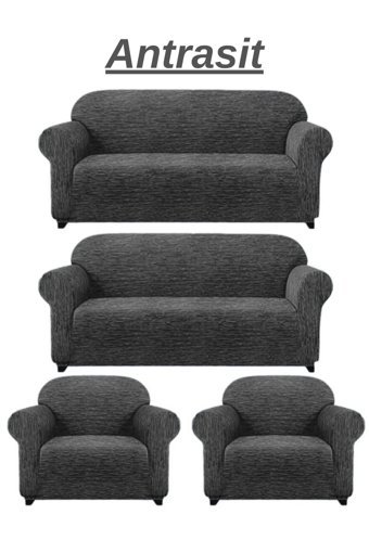 Kanway Likralı Jakarlı Süngersiz Kırçıllı Giydirmeli Gri 3-3-1-1 Koltuk Örtüsü 180x230 cm