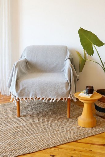 Koza Home Pamuklu Saçaklı Süngersiz Çizgili Bej Tekli Koltuk Örtüsü 150x170 cm
