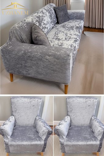 Uzhanem Pamuklu - Polyester Likralı Süngerli Mermer Desenli Giydirmeli Gri Dörtlü Koltuk Örtüsü 180x230 cm