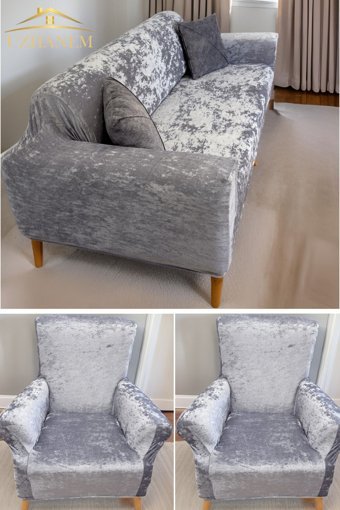 Uzhanem Pamuklu - Polyester Likralı Süngerli Mermer Desenli Giydirmeli Gri Dörtlü Koltuk Örtüsü 180x230 cm