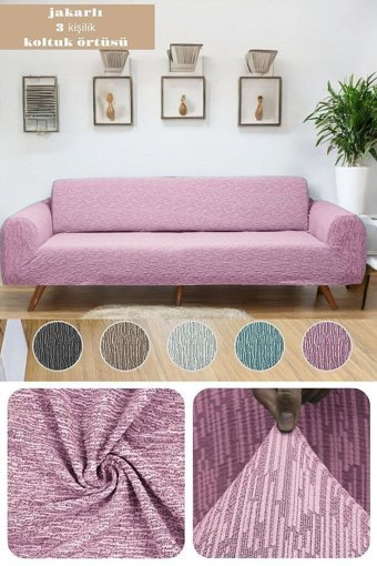 Btf Home Pamuklu - Polyester Likralı Jakarlı Süngersiz Armürlü Giydirmeli Lastikli Pembe Üçlü Koltuk Örtüsü 230x180 cm