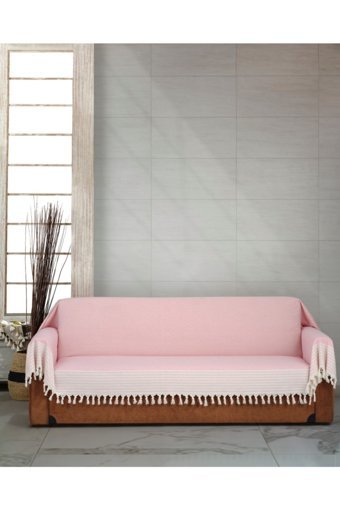 Genç Uludağ Pamuklu Püsküllü Süngersiz Çizgili Pembe Tekli Koltuk Örtüsü 180x300 cm