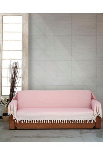 Genç Uludağ Pamuklu Püsküllü Süngersiz Çizgili Pembe Tekli Koltuk Örtüsü 180x300 cm