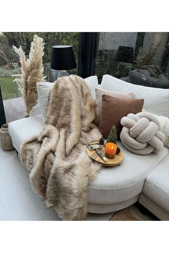 Sevaradekor Kürklü Peluş-Tüylü Süngersiz Hayvan Desenli Kahverengi Tekli Koltuk Örtüsü 150x100 cm