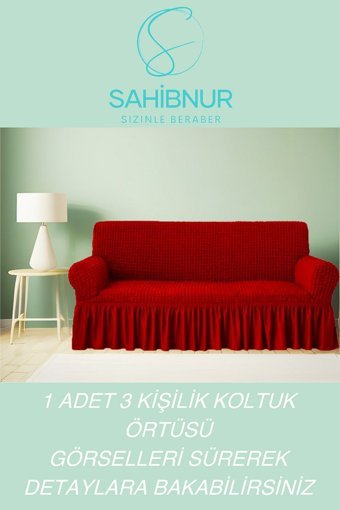 Sahibnur Pamuklu - Polyester Bürümcük Jakarlı Süngersiz Petek Desenli Giydirmeli Kırmızı Üçlü Koltuk Örtüsü 180x230 cm