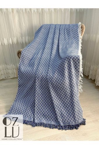 Özlü Home Pamuklu - Polyester Örgü Saçaklı Süngersiz Geometrik Desenli Lacivert Tekli Koltuk Örtüsü 170x220 cm