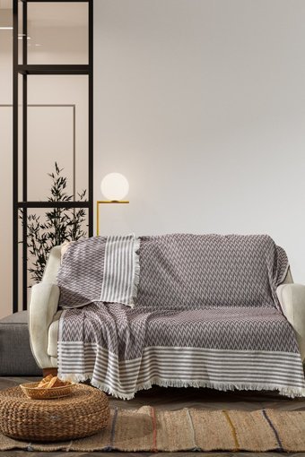 Vagonik Pamuklu Polar Saçaklı Süngersiz Çizgili Bordo Tekli Koltuk Örtüsü 170x210 cm