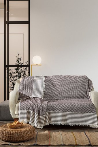 Vagonik Pamuklu Polar Saçaklı Süngersiz Çizgili Bordo Tekli Koltuk Örtüsü 170x210 cm