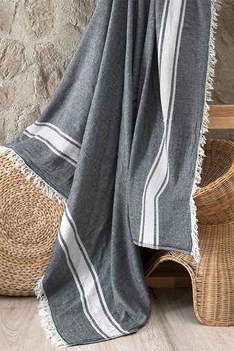 Denizli Concept Stripe Throw Pamuklu Kanvas Saçaklı Süngersiz Armürlü Beyaz Tekli Koltuk Örtüsü 140x180 cm