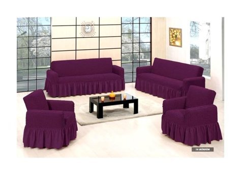 Armağan Pamuklu - Polyester Bürümcük Fırfırlı Süngersiz Giydirmeli Lastikli Mor Dörtlü Koltuk Örtüsü 230x180 cm
