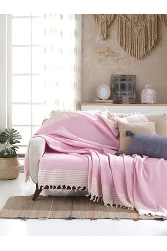 Bella Home Naturel Pamuklu Püsküllü Süngersiz Çizgili Pembe Tekli Koltuk Örtüsü 170x220 cm