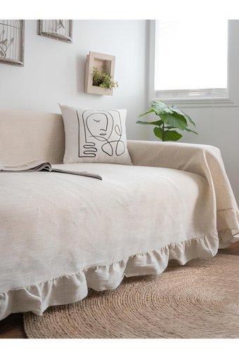 Perdeplus Pamuklu Örgü Jakarlı Süngersiz Düz Bej Tekli Koltuk Örtüsü 240x220 cm