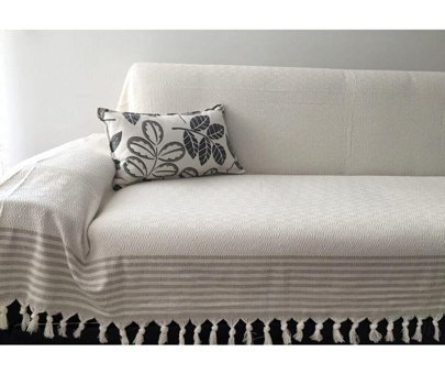 Coperta Pamuklu Kanvas Püsküllü Süngersiz Armürlü Bej Üçlü Koltuk Örtüsü 180x300 cm