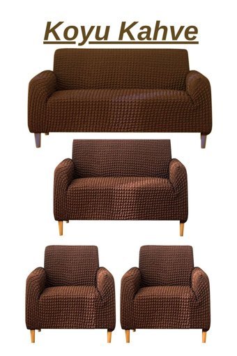 Uytm Polyester Bürümcük-Likralı Süngerli Çizgili Giydirmeli Kahverengi Dörtlü Koltuk Örtüsü 180x230 cm