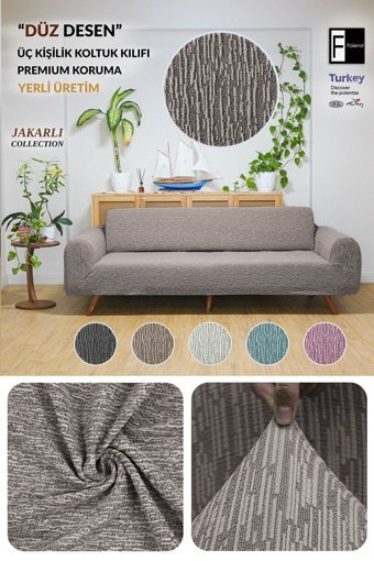 Faiend Jakarlı Süngersiz Kırçıllı Giydirmeli Vizon Üçlü Koltuk Örtüsü 180x220 cm