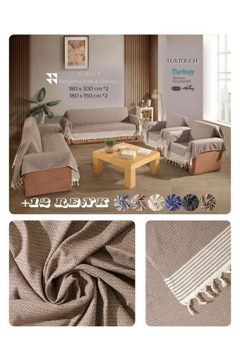Lux Touch Bergama Pamuklu Püsküllü Süngersiz Geometrik Desenli Kaymaz Kahverengi Dörtlü Koltuk Örtüsü 180x300 cm