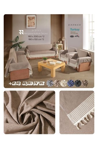 Lux Touch Bergama Pamuklu Püsküllü Süngersiz Geometrik Desenli Kaymaz Kahverengi Dörtlü Koltuk Örtüsü 180x300 cm