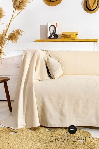 Ersperto Natural Keten Kanvas Jakarlı Süngersiz Armürlü Bej Üçlü Koltuk Örtüsü 180x300 cm