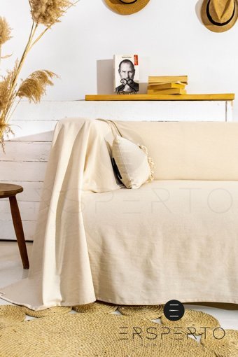 Ersperto Natural Keten Kanvas Jakarlı Süngersiz Armürlü Bej Üçlü Koltuk Örtüsü 180x300 cm