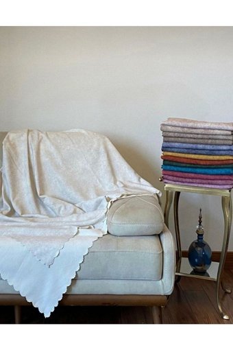 Poyraz Garanti Akrilik Nubuk Jakarlı Süngersiz Geometrik Desenli Bej Tekli Koltuk Örtüsü 180x220 cm
