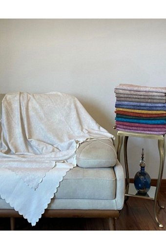 Poyraz Garanti Akrilik Nubuk Jakarlı Süngersiz Geometrik Desenli Bej Tekli Koltuk Örtüsü 180x220 cm