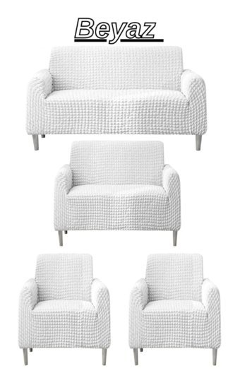 Iydgah Polyester Bürümcük Fırfırlı Süngersiz Kapitone Giydirmeli Krem 3-2-1-1 Koltuk Örtüsü 180x50 cm