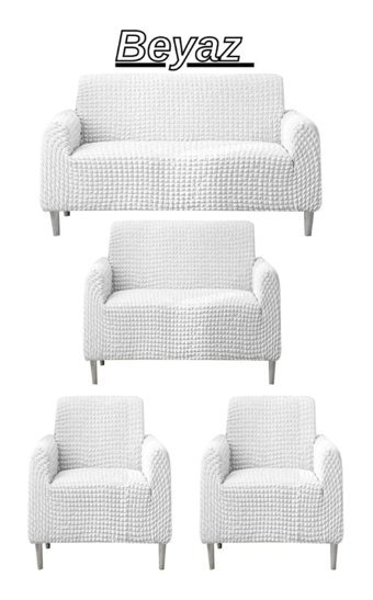 Iydgah Polyester Bürümcük Fırfırlı Süngersiz Kapitone Giydirmeli Krem 3-2-1-1 Koltuk Örtüsü 180x50 cm