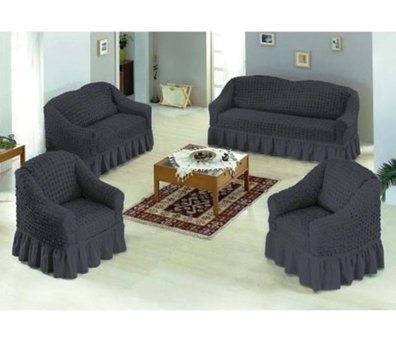 Altın Kelebek Polyester Bürümcük Fırfırlı Süngersiz Giydirmeli Lastikli Gri Dörtlü Koltuk Örtüsü 180x230 cm
